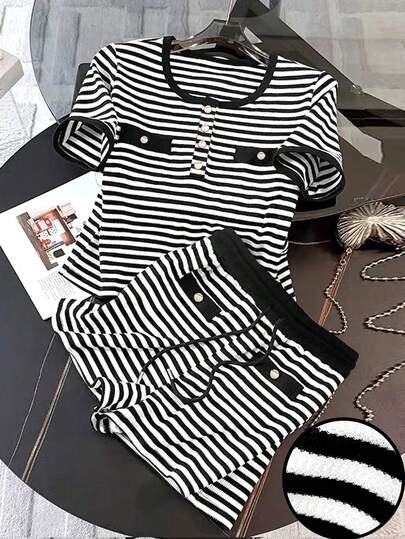 Resyla 2pcs/Set Women Casual Striped Round Neck Short Sleeve Top And Drawstring Waist Shorts, Suitable For Commuting, Home, And Daily Wear