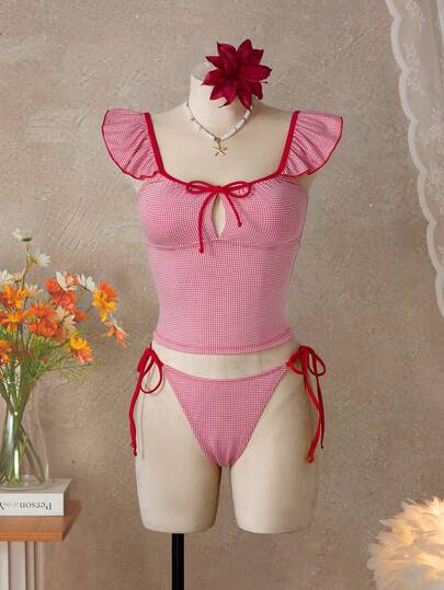 Bellisia Bikini de verano con parte superior de tirantes con lazo a cuadros rojos, colección Primavera/Verano 26SS