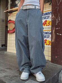 DAZY High Waist Slimming Vertical Striped Wide Leg Casual Versatile Women Jeans - Blue - View 8