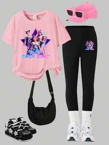 2pcs/Set KPOP Graphic Print Top, Tween Girl Crew Neck Sweatshirt And Leggings Set, Fashionable Casual, Suitable For Autumn/Winte - Multicolor - View 2