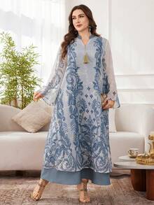 Al Najma 大码女士优雅浪漫宽松花卉刺绣网纱流苏装饰阿拉伯风格连衣裙 - 彩色 - 查看 7