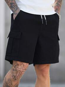 Manfinity Homme 男士松紧腰抽绳口袋工装短裤 - 黑色 - 查看 3