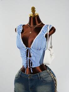 SaltGleam SaltGleam Áo kiểu ren kẻ caro buộc dây gợi cảm, thanh lịch - Màu xanh lam - Xem 5