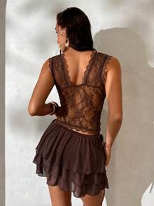 Aloruh Women's Brown Lace V-Neck Sleeveless Sequin Embroidered Tank Top - Brown - View 2