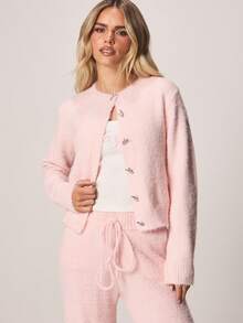 Missguided x Playboy Button Up Fitted Fluffy Knit Cardigan With Crystal Embellished Front Closure And Drawstring Bottom - Pink - View 1