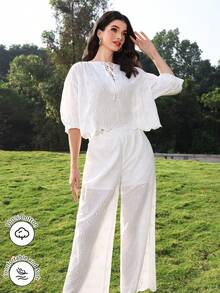 Mulvari Casual V-Neck Drawstring Mid-Sleeve Top And Elastic Waist Straight Leg Pants Set, Spring/Summer - White - View 5