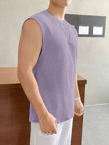 SWAVVY 男士夏季休闲日常通勤纯色华夫格宽松背心 - 紫色 - 查看 5