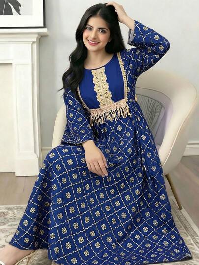 Teen Girl Casual Vacation Faux Golden Thread Embroidered Flare Long Sleeve Elegant Golden Lace Trim Dress, Navy Blue Arabic Dress For Girls Girls Boho Blue Dress Girls Long Sleeve Maxi Dress Girls Blue Maxi Dress