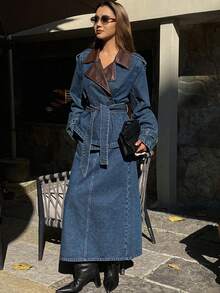 DAZY Veste en jean avec col en PU, patchwork bicolore et ceinture, et jupe longue droite en jean. Ensemble en jean décontracté et élégant pour femmes - Jean bleu - Voir 3