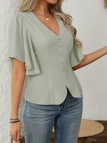 EMERY ROSE 女士优雅V领纽扣装饰喇叭袖收腰A字衬衫，纯色，适合通勤、休闲、度假、春夏穿着 - 綠色 - 查看 5