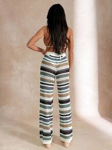 EURMUSE 条纹钩编高腰阔腿裤复古撞色弹力夏季沙滩度假休闲轻便波西米亚风套穿裤女款 - 彩色 - 查看 3