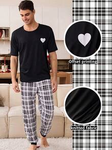 CoupledUp Men's Plaid Print Heart & Milk Silk Casual Short Sleeve Pajama Set - Black - View 2