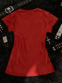 Glimmora Women's Casual Cross & Wing Print Round Neck T-Shirt, Summer - Red - View 2