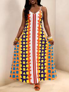 VaVaBold Women's Summer Boho Vacation Holiday Colorblock Geometric African Print Maxi Slip Dress, Summer Outfits - Multicolor - View 5
