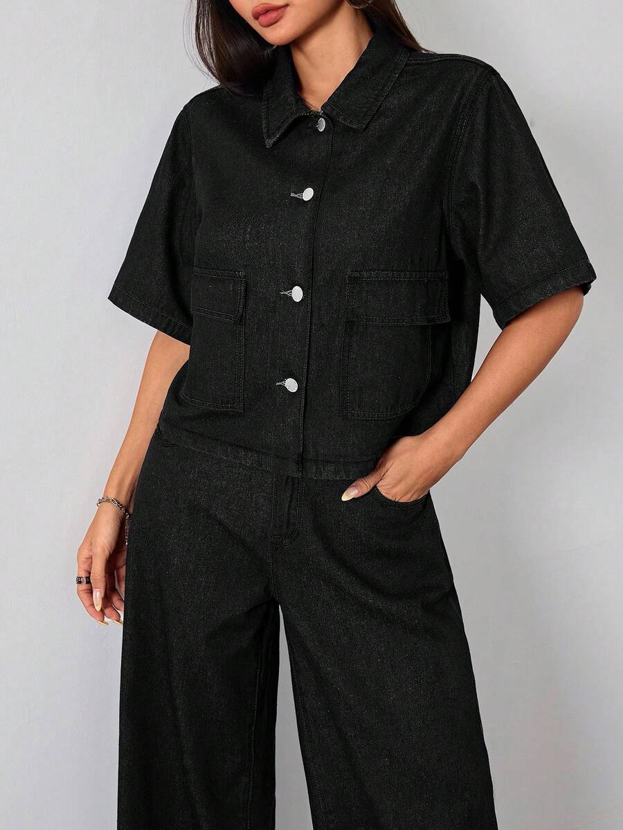 SHEIN 少女纯色水洗深蓝色牛仔衬衫,翻领短袖上衣,夏季牛仔套装,办公室穿着,学院风,秋季衬衫,返校季,校园上衣,返校节 - 黑色 - 查看 1
