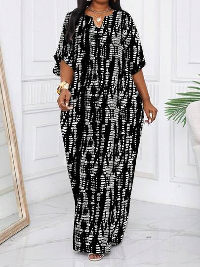 SHEIN Lady 2025 New Arrival Leisure Holiday Style Full-Length Print Plus Size V-Neck Long Sleeve Solid Color Splicing Loose Casual Dress Robe Clothing, Sundress, Women's Summer Dress