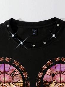 ROMWE MEN Street Life 男士水钻印花宽松短款T恤 - 黑色 - 查看 2