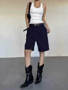 SHEIN EZwear 女士条纹口袋休闲百慕大短裤 - 藏蓝色 - 查看 4