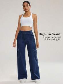 Flexra Quần jeans ống rộng có túi nắp, phong cách thường ngày năng động, thích hợp cho nữ đi làm. - Rửa trung bình - Xem 4