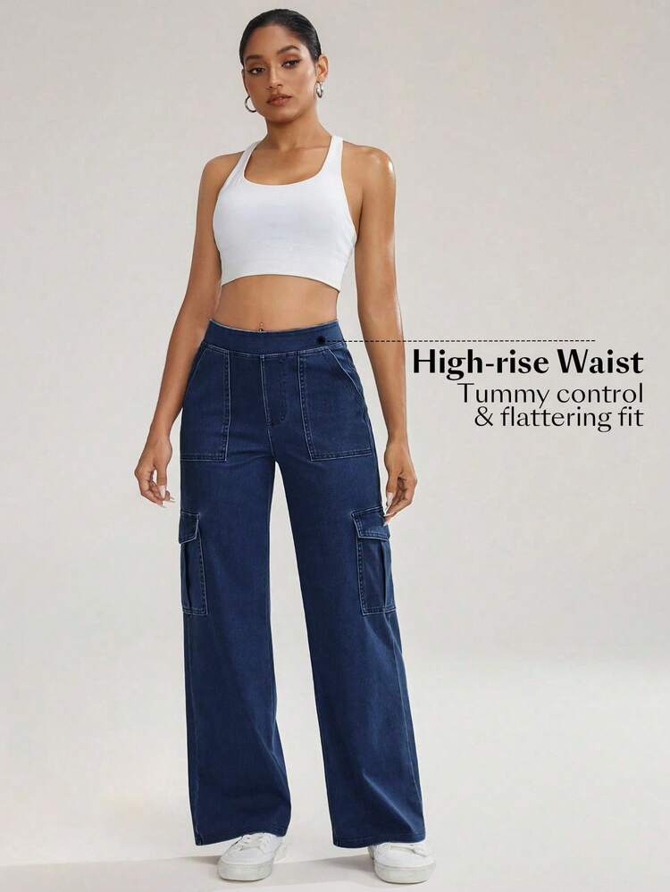 Flexra 女士休闲时尚街头风日常通勤翻盖口袋阔腿牛仔裤 - 中等水洗藍 - 查看 4