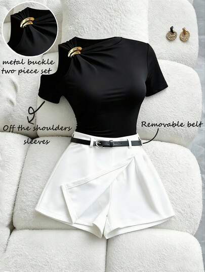 SHEIN Franclia Women's 2-Piece Set: Round Neck Short Sleeve Top With Right Shoulder Cutout & Metal Decor, High Waist A-Line Shorts With Pre-Attached Black Leather Belt, Versatile & Fashionable Daily Wear Two Piece Set Women Short Sleeve Women Two Piece Summer Outfit Womens Short Sets Women Summer 2 Pieces Sets Womens 2 Piece Clothing Women Clothes