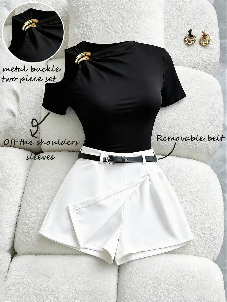 SHEIN Franclia Women's 2-Piece Set: Round Neck Short Sleeve Top With Right Shoulder Cutout & Metal Decor, High Waist A-Line Shorts With Pre-Attached Black Leather Belt, Versatile & Fashionable Daily Wear Two Piece Set Women Short Sleeve Women Two Piece Summer Outfit Womens Short Sets Women Summer 2 Pieces Sets Womens 2 Piece Clothing Women Clothes - Multicolor - View 1