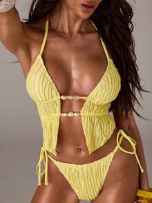 SHEIN BAE 2pcs/Set Women's Yellow Bikini Swimsuit,2026 Summer New Arrivals: Women's Yellow Pleated Textured Bikini Set, Cute Beachwear/Vacation Set, Sexy Party/Music Festival Women's Swimwear, Women's Beach Vacation Set, Women's Beach Bikini, Elegant Women's Beach Swimwear, Vacation Set, Women's Bikini Set, Women's Swimwear, Beach Party, Pool Party - Light Yellow - View 1