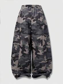 ROMWE MEN Street Life Quần dài nam dáng rộng, thắt eo bằng dây rút, họa tiết rằn ri, in chữ, thích hợp mặc hàng ngày. - xanh quân đội - Xem 2