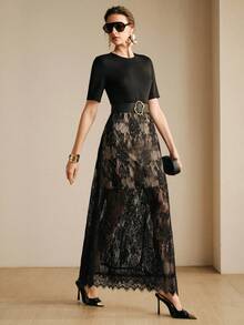 Arave Women's Lace Patchwork Knitted Fabric Round Neck Waist Belt Design Elegant Date Night Dress Lace Maxi Dress Elegant Skirt Set Lace Black Dress Long Skirt - Black - View 3