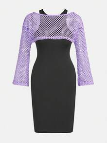 SHEIN Bộ 2 món gồm váy dài cổ tròn màu trơn dáng ôm dành cho bé gái tuổi teen, kiểu dáng thường ngày, kèm áo khoác lưới rộng, thích hợp đi học, phong cách ngọt ngào và cá tính, dạo phố. - Màu tím hoa cà - Xem 17