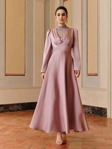 Anewsta Novo Vestido Elegante Feminino com Decoração de Pérolas Plissadas Rosa Lótus em Linha A, Chique, Casamento, Festa, Visual de Ano Novo, Luxo, Vestido de Festa, Rosa, Dia dos Namorados, Primavera - Rosa chiclete - Visão 6