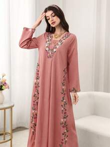 Al Najma Áo Abaya dài tay cổ chữ V, dáng xòe, thêu hoa, màu hồng. - Hồng - Xem 9