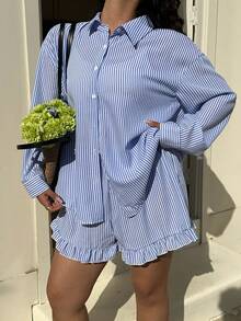 Sunnyshic 2pcs Women Striped Print Sleeveless Collared Embroidered Shirt & Elastic Waist Casual Shorts Set, Spring/Summer - Blue and White - View 4