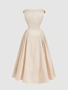 SHEIN MOD 大码圆领无袖蝴蝶结装饰腰部A字中长连衣裙，卡其色，春夏，婚礼季，情人节，塔夫绸连衣裙 - 卡其色 - 查看 3