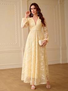 ZEYLAH Đầm dài dáng chữ H ôm eo, trang trí hoa 3D, thích hợp cho mùa xuân/hè. - Màu be - Xem 5