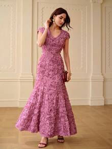 ZEYLAH V-Neck Floral Embroidered Fitted A-Line Dress, Spring/Summer - Violet Purple - View 5