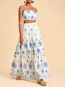 Travachic Women Boho White Folk-Custom Embroidered Spaghetti Strap Camisole Top And Maxi Skirt Two Piece Outfit - White - View 3