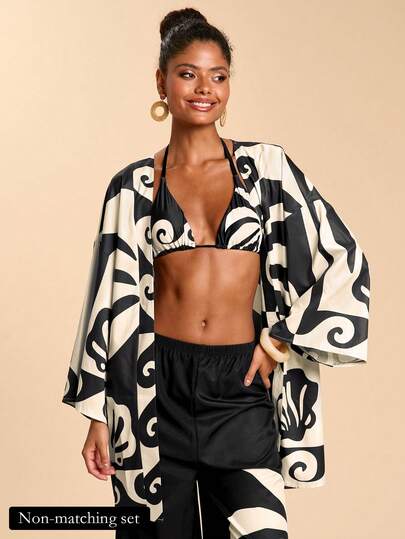 Travachic Women's Loose Drop Shoulder Geometric Print Kimono Cover Up, Suitable For Vacation,Beach,Beach Outfits For Women,Beach Set,Going Out,Vacation,Vacation Outfits Women,Holiday,Summer,Summer Clothes,Summer Outfits For Women,Valentine's Day,Carnival,Carnival Costume,Party ,Going Out,Going Out Outfits,Casual,Elegant,Y2k,Flower,White ,Black