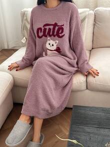 DAZY 宽松针织猫咪印花睡裙，女士秋冬睡衣 - 淺灰紫 - 查看 8