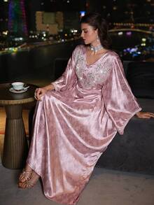 SHEIN Najma V-Neck Pearl Embellished Flared Sleeve Ribbon Waist Tie Turkish & Arabic Traditional Maxi Dress For Women