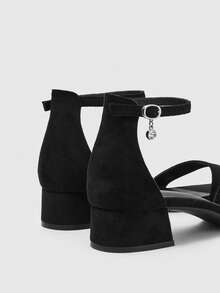 Sleekvia 女士夏季新款圆头粗跟低跟黑色踝带凉鞋，时尚通勤简约百搭，情人节特惠。 - 耀夜黑 - 查看 9