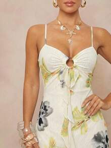 Lumalex Đầm hai dây họa tiết hoa, viền bèo nhún, phối nhiều mảnh dành cho nữ, thích hợp cho các buổi tiệc, đám cưới, mùa xuân/hè. - Nhiều màu - Xem 5