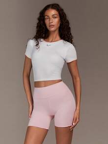 Menodora SHEIN Sport Áo thun thể thao nữ tay ngắn cổ tròn in chữ, dáng lửng - trắng - Xem 4