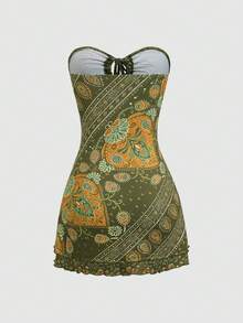 Flirla Fashionable Women's Multi-Color Vacation Style Printed Tube Dress - Green - View 2