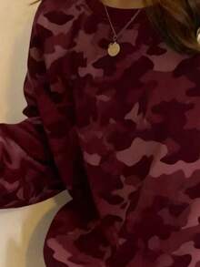 INAWLY 迷彩印花复古百搭红色女式圆领抓绒卫衣 - 彩色 - 查看 3