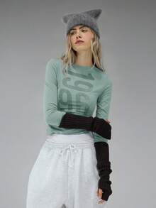 COUREZ Long Sleeve Jersey Top With Front Graphic Print /Y2K Long Sleeve Tops Going Out Tops Women Tops Winter Clothes For Women Blue Top Graphic Tees Women Cute Tops Summer Tops Summer Outfits - Green - View 6