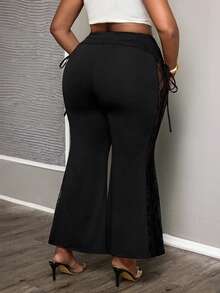 SHEIN PETITE CURVE Plus Size Black Autumn Classy Night Flare Leg Pants,Women's Solid Color Lace Patchwork See Through Pleated Elegant Party Carnival Costume & Weddings - Black - View 2