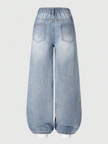 Tween Girls' Distressed Boyfriend Jeans, Retro American Style Loose Fit Wide Leg Casual Denim Pants, Blue - Blue - View 3