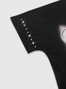 ROMWE MEN 男士圆领天使字母印花水钻休闲日常短袖T恤 - 黑色 - 查看 6