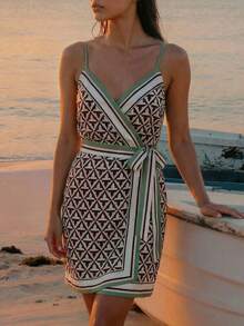 CAJUNI 女士度假几何条纹印花系腰吊带连衣裙 - 卡其色 - 查看 4